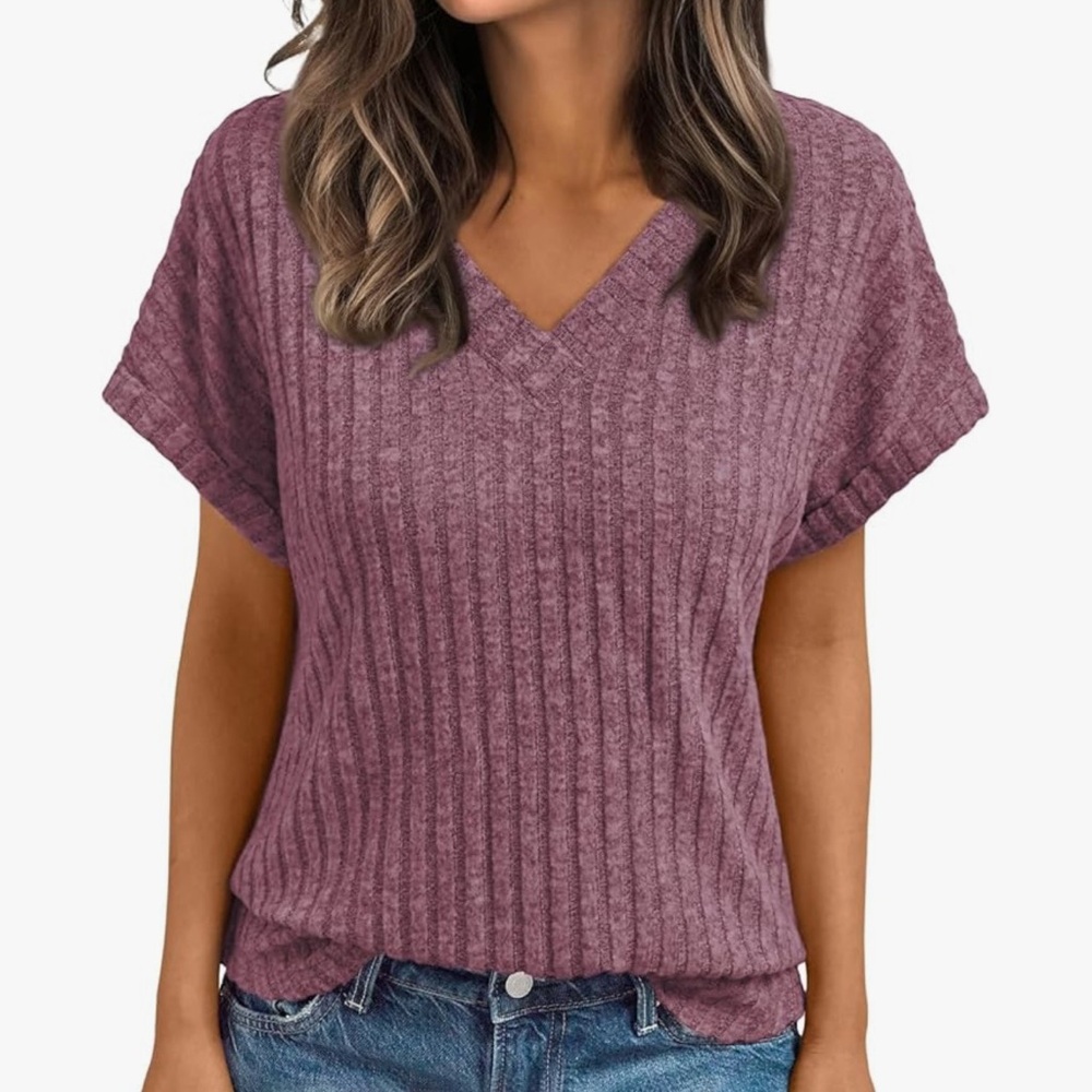 Ribbed V-Neck Short Sleeve Tee - Dusty Mauve